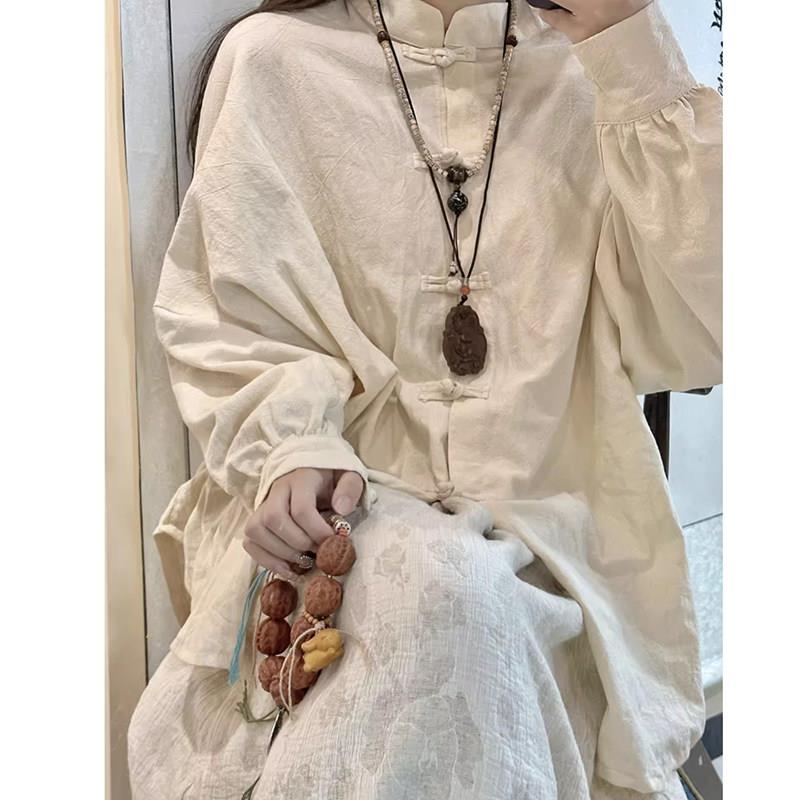 极速新中式文艺复古休闲棉麻茶服衫外套女装民族风对襟盘扣唐装衬
