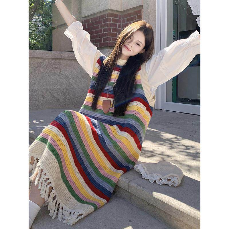 推荐多巴胺彩虹条纹流苏背心连衣裙女秋冬季加厚中长款无袖叠穿针