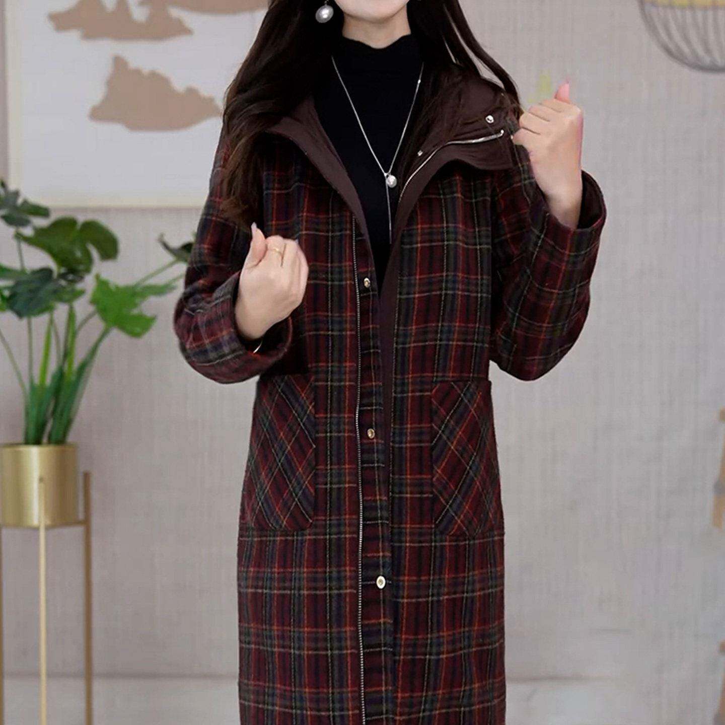 极速格纹双面穿中长款棉服外套女2026冬季新款减龄妈妈装加厚保暖