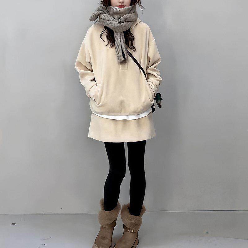 极速韩系高级感一整套深冬保暖穿搭女慵懒风灰色连帽卫衣半裙两件