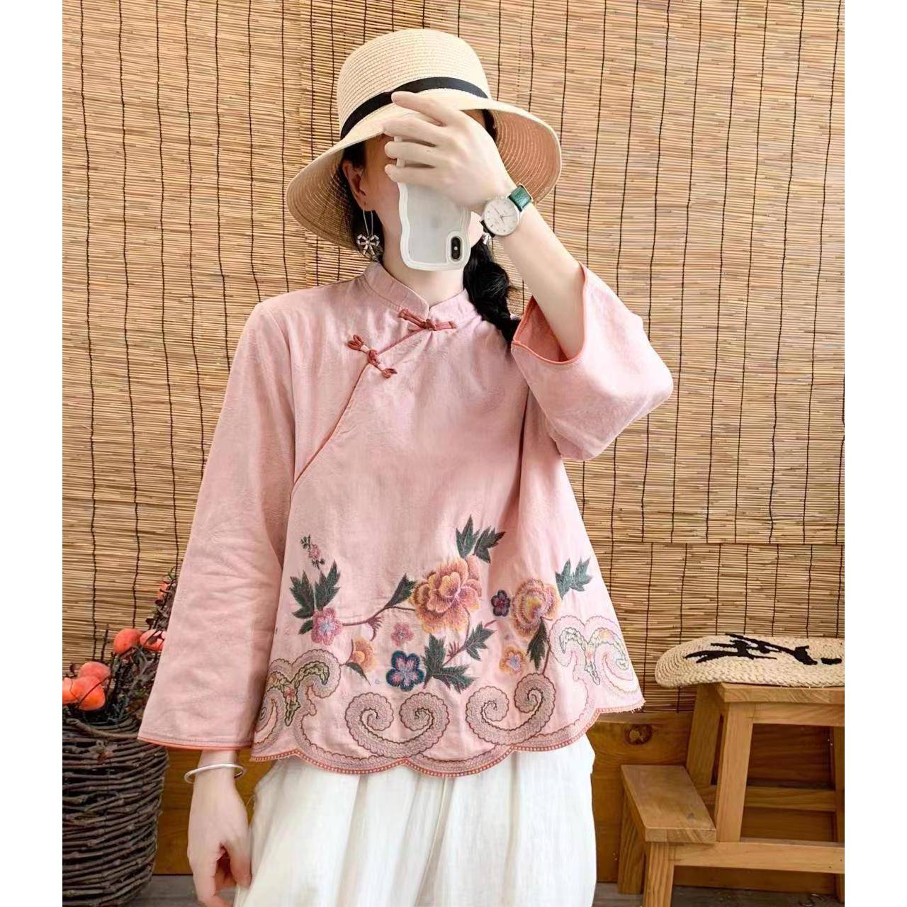 极速复古国风盘扣刺绣上衣2026早秋新款中式立领衬衫女士长袖棉麻
