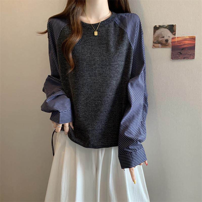 推荐条纹插肩长袖卫衣打底衫女春秋大码胖mm设计感短款抽绳遮肚子