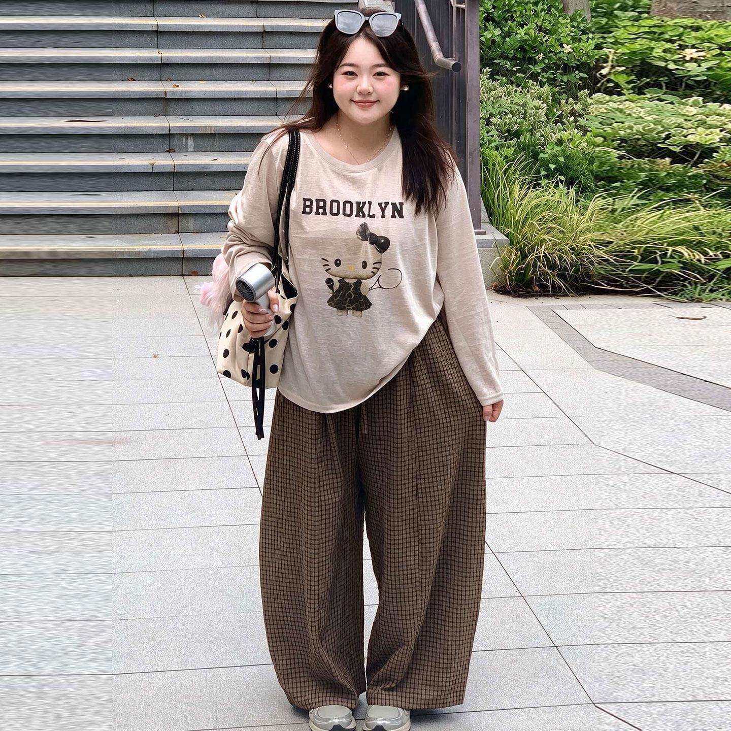 极速大码可爱休闲风卡通印花长袖T恤女秋季胖mm宽松显瘦减龄百搭