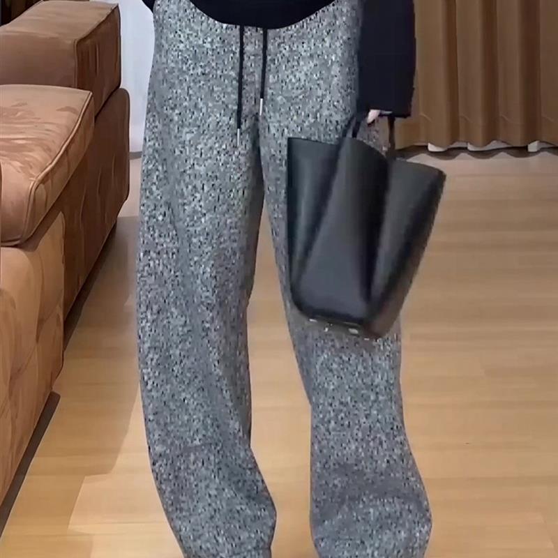 2025秋冬新款高级感韩版抽绳阔腿弯刀裤女高腰垂感显瘦毛呢休闲裤