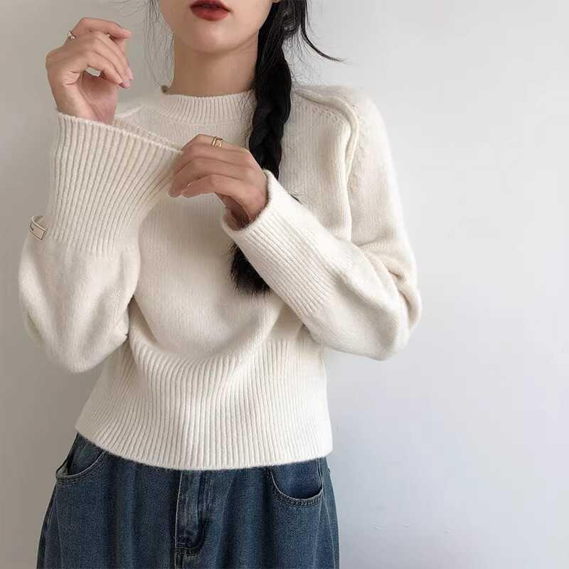 极速慵懒风宽松圆领毛衣女高腰短款上衣时尚高级感秋冬百搭针织打