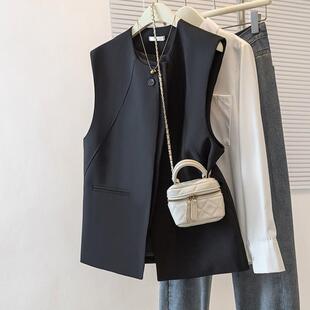推荐黑色西装马甲背心外套女2025秋季大码胖mm高级设计感坎肩马夹