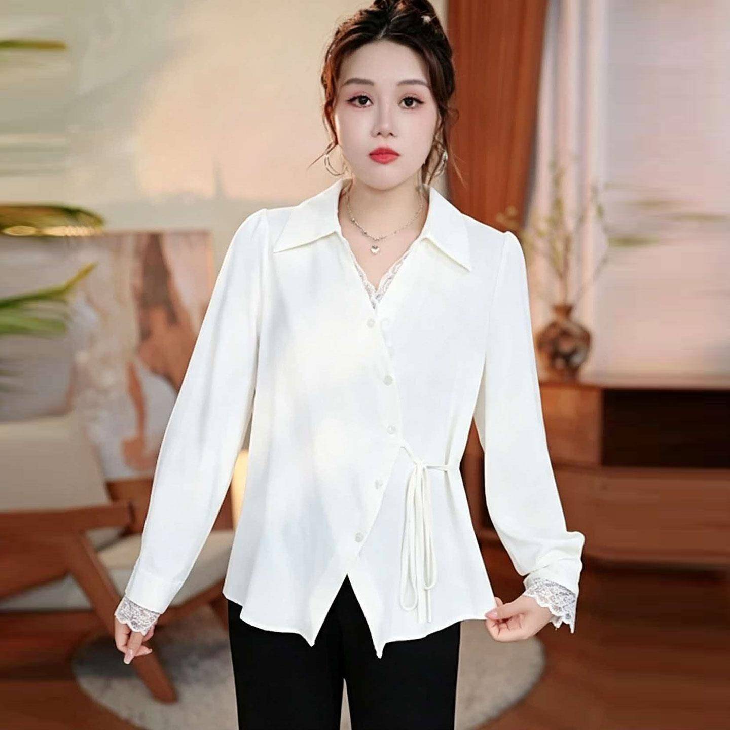 极速大码蕾丝拼接长袖收腰衬衫女秋季胖mm宽松显瘦系带翻领时尚上