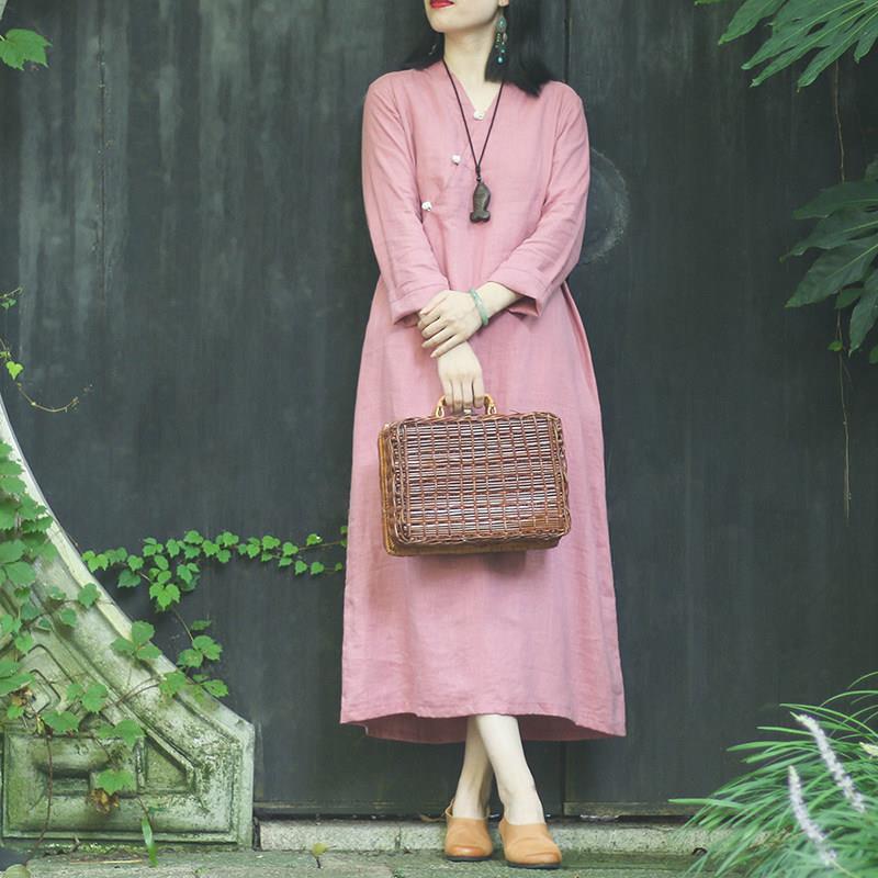 极速春季新款长袖斜襟盘扣茶服袍子裙中国风文艺复古休闲亚麻连衣