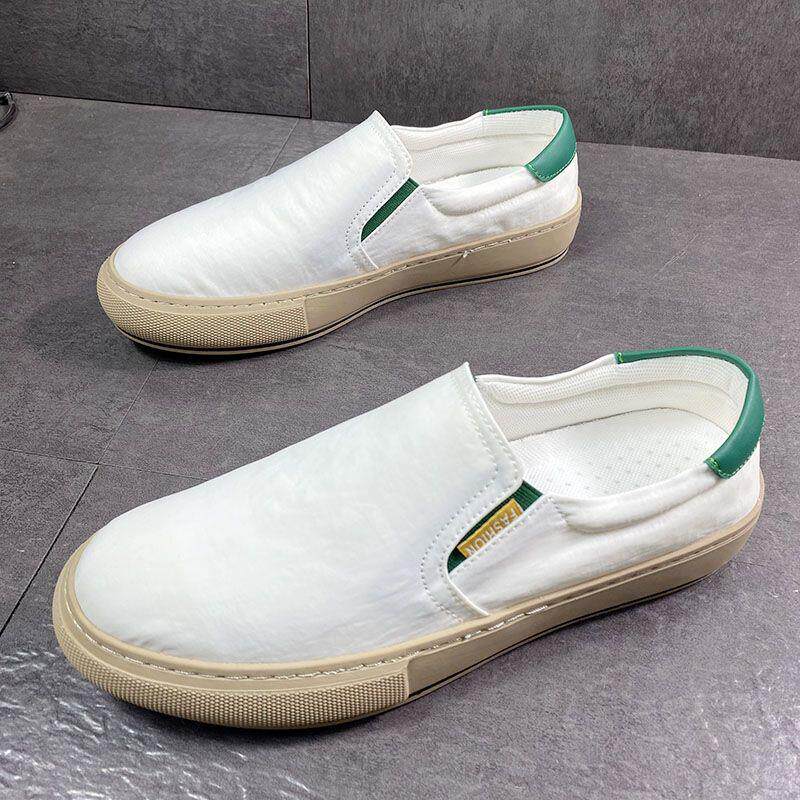 推荐男士一脚蹬小白鞋夏季新款刺绣布面小白鞋精神小伙一脚蹬休闲