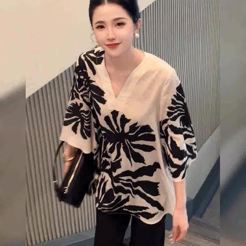 极速2026春秋赫本风法式女装欧货雪纺印花七分袖上衣秋季巨好看的
