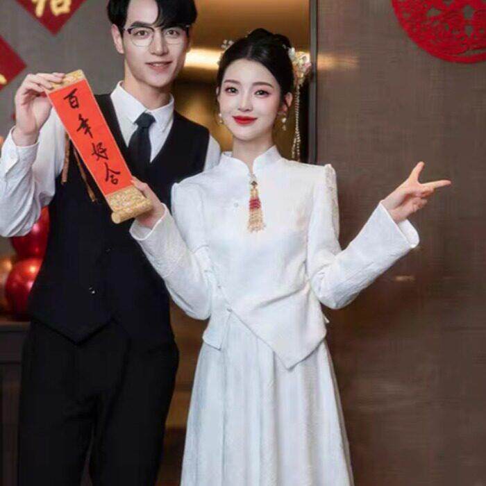极速新中式优雅气质旗袍改良秀禾服订婚可穿白色礼服轻国风立领敬