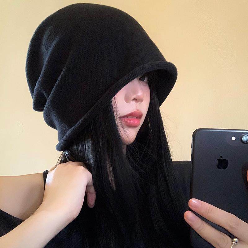虞书欣同款帽子女秋冬季百搭大头围黑色卷边堆堆帽显脸小包头冷帽