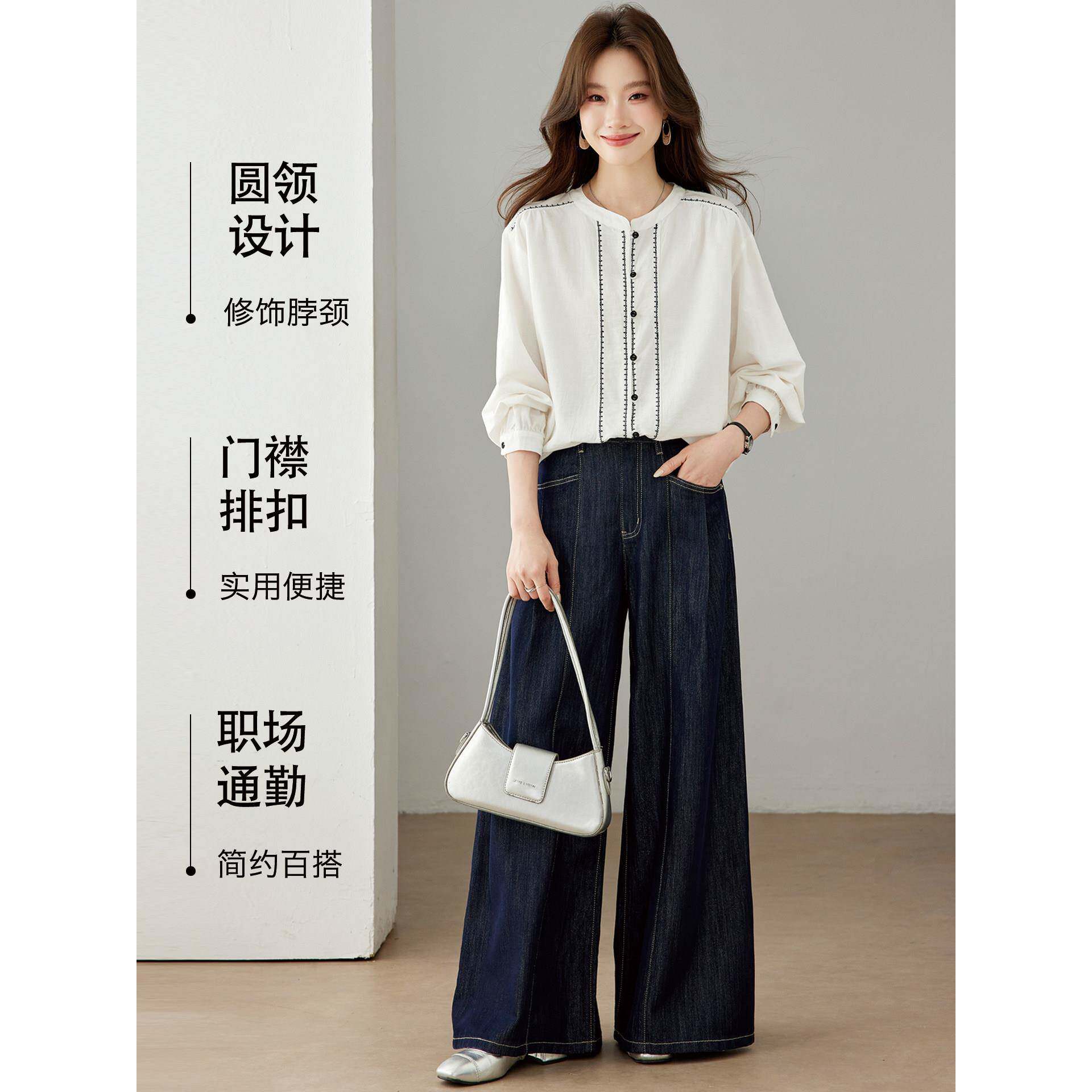 极速白色刺绣衬衫女长袖圆领纽扣开衫文艺风纯棉上衣2026秋季新款