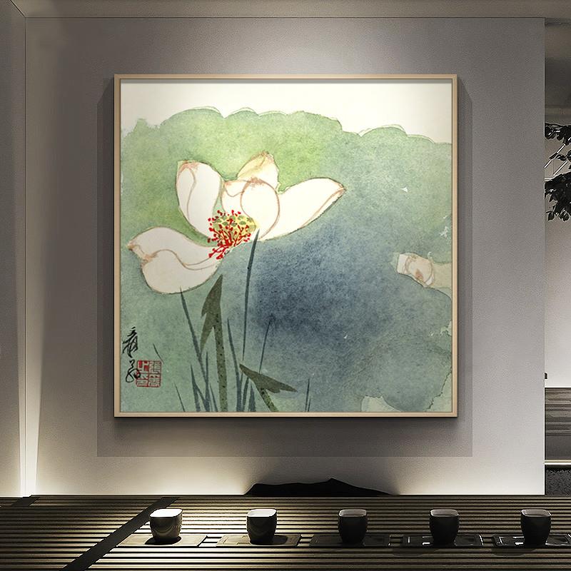 新品新中式客厅装饰画墙画荷花水墨画两联画餐厅挂画方形茶室玄关图片