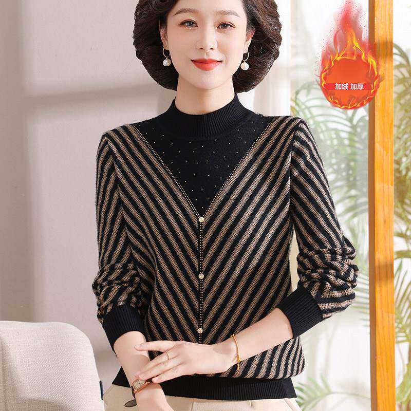 极速洋气妈妈冬装新款加绒加厚毛衣一体绒打底衫中老年女保暖内搭