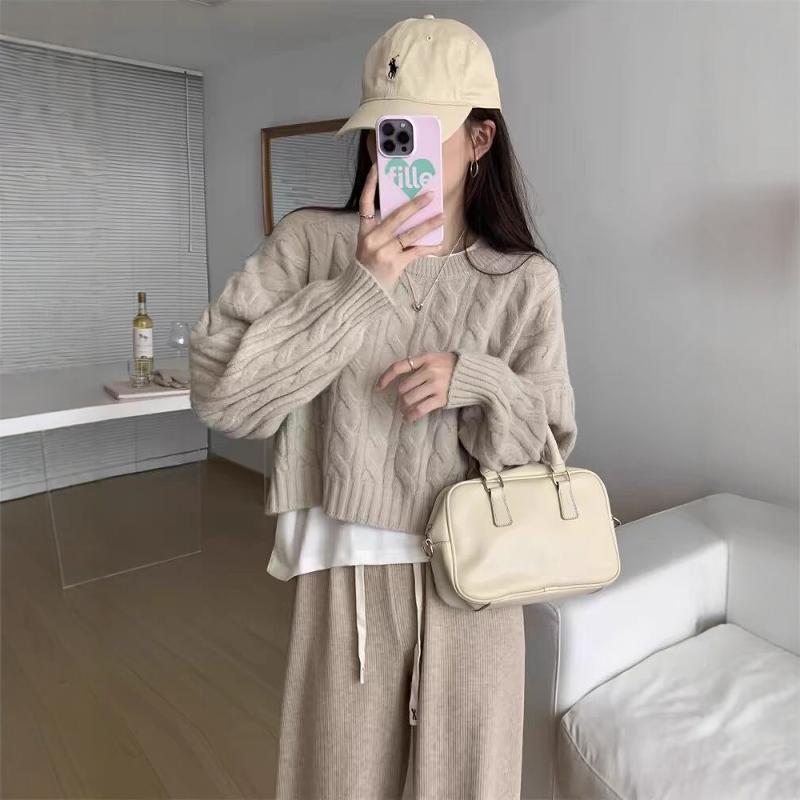 圆领套头麻花针织衫上衣女装春秋季新款内搭慵懒软糯毛衣短款外套