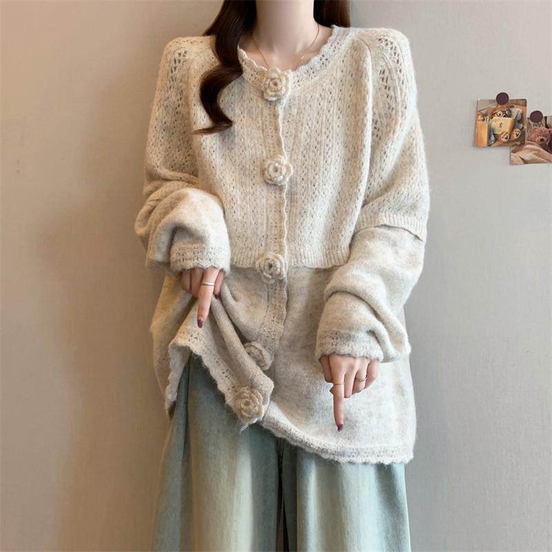 推荐紫色钩花软糯毛衣开衫