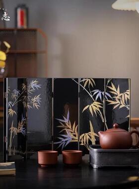 茶宠茶几迷你小屏风茶台隔断遮挡茶桌双面摆件复古漆器茶道配件H