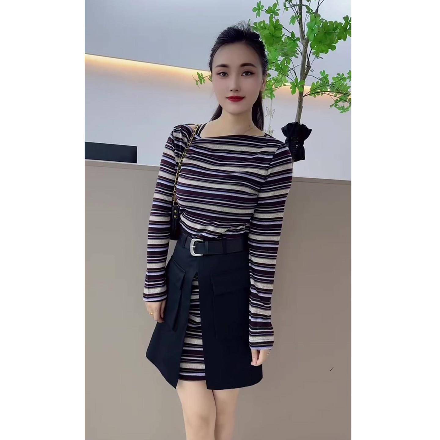 极速早秋经典条纹时尚套装女2026新款露肩T恤裙+腰封韩版洋气两件