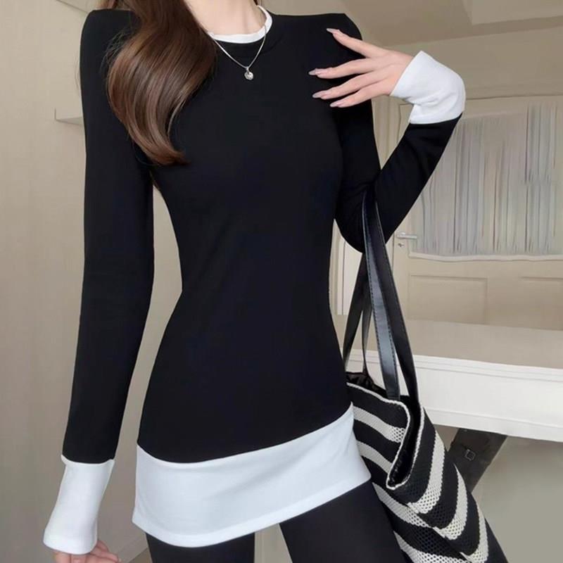 极速假两件打底衫女秋冬加绒修身中长款包臀遮盖屁股内搭贴身上衣