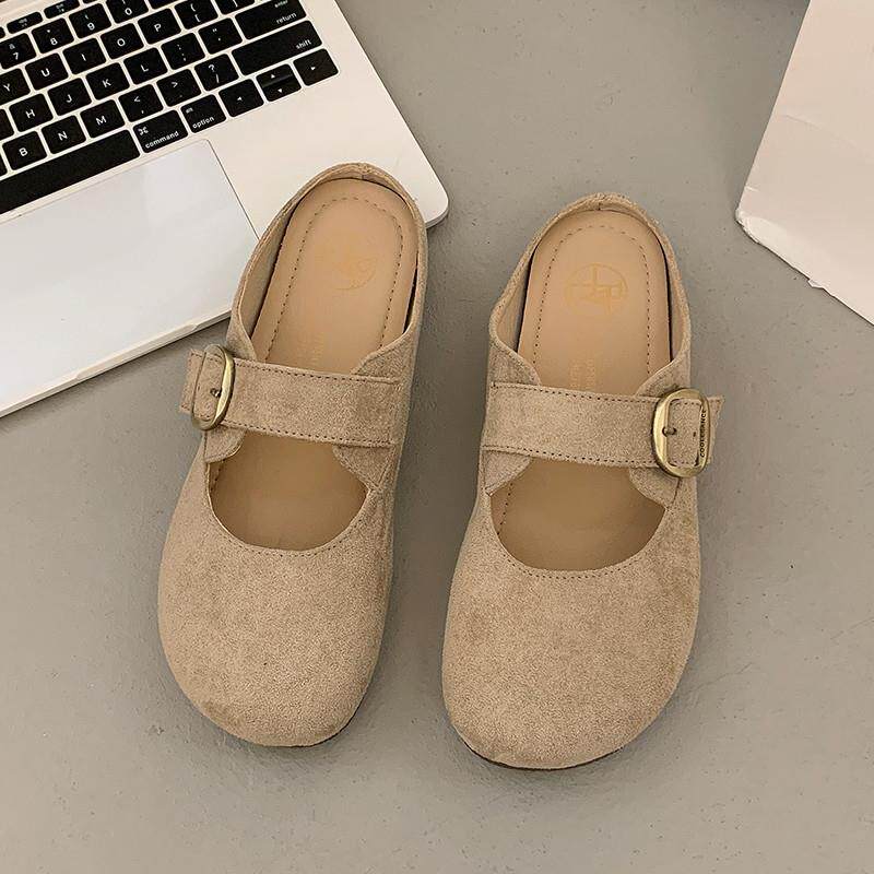 推荐黄色勃肯鞋女包头半拖鞋女夏外穿2026新款平底一脚蹬懒人穆勒