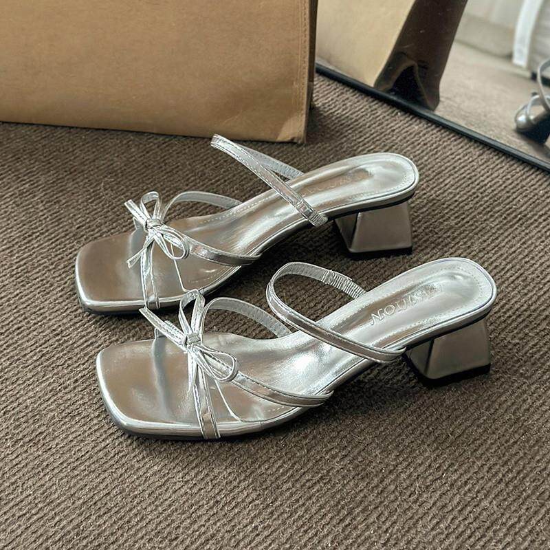 推荐高跟鞋绝美银色粗跟凉拖鞋女夏季外穿配裙子仙女风时尚高级感