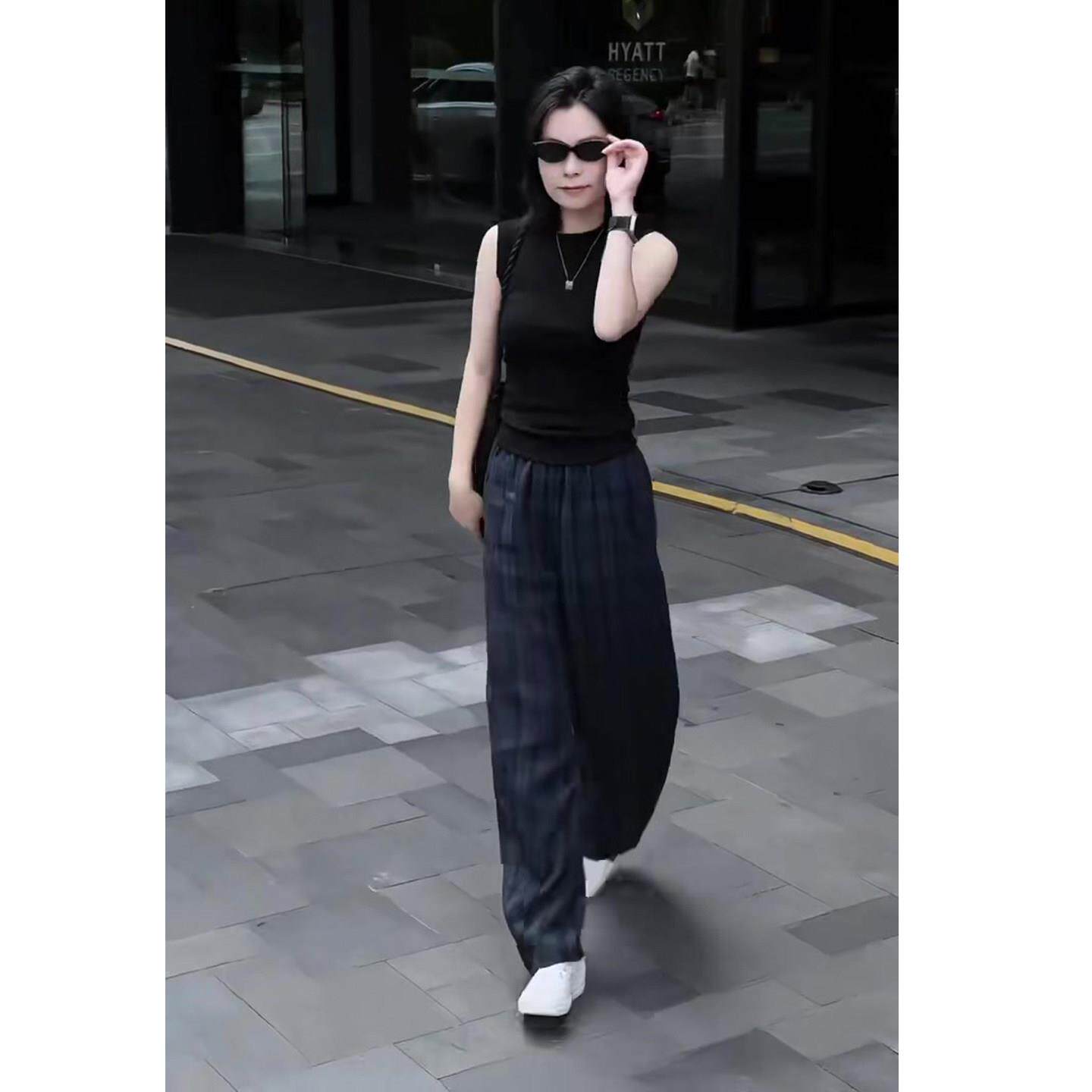 极速韩版休闲时尚套装女2026春季新款黑色背心+格纹阔腿裤网红两