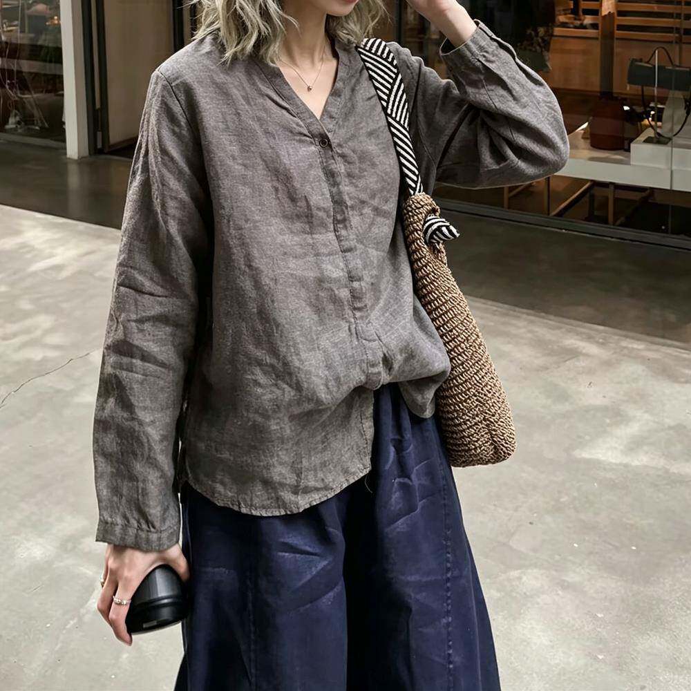 极速复古极简风V领衬衫2026秋季新款女装色织亚麻上衣高级感宽松