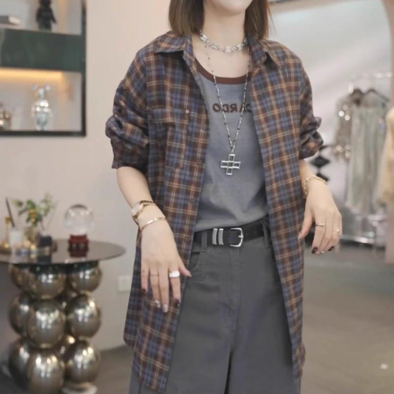 极速大码胖mm韩系撞色格子长袖衬衫外套女秋季新款显瘦宽松慵懒风