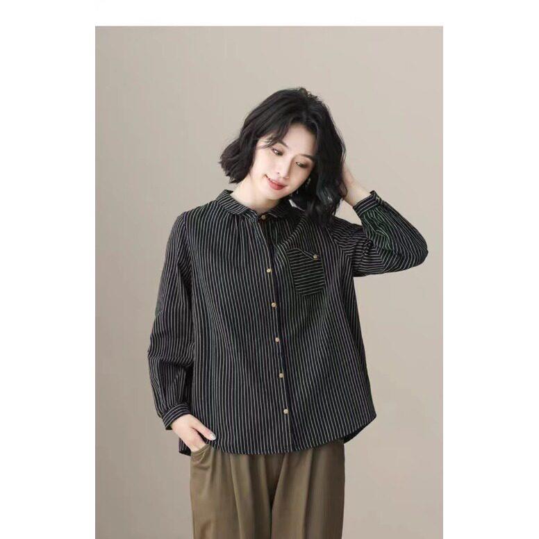 极速日系小众娃娃领打底条纹衬衫女文艺休闲百搭长袖棉麻春秋打底