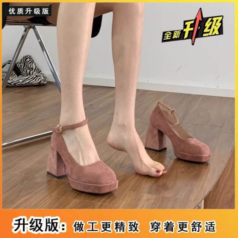 推荐法式粗跟大码方头玛丽珍鞋女小个子新款黑色绒面高跟鞋防水台