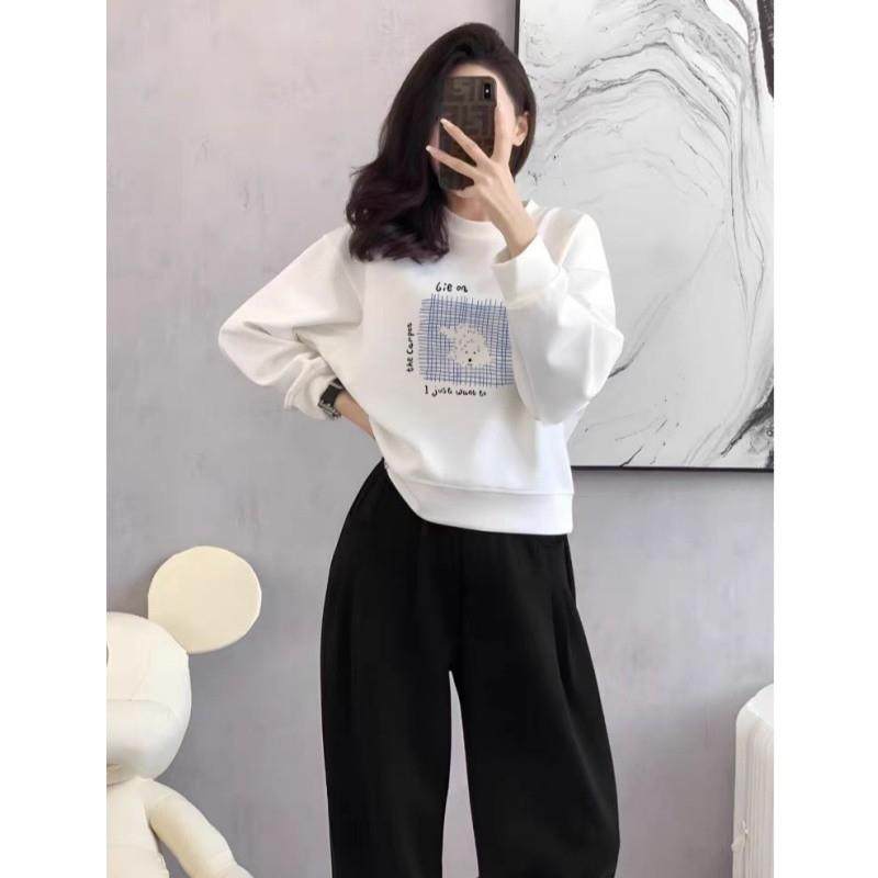 推荐休闲圆领印花卫衣女秋冬款加绒加厚小个子宽松百搭套头无帽短