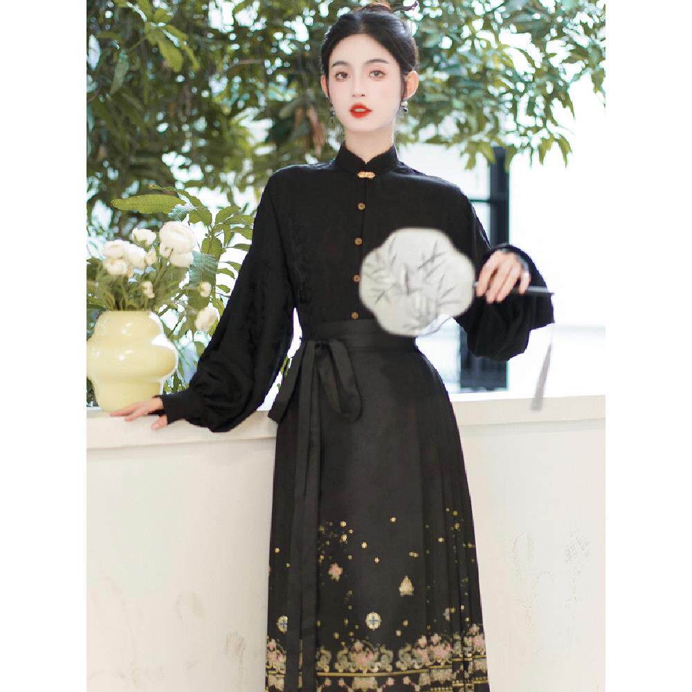 极速搭配马面裙的衬衫女款春季立领对襟改良汉服上衣新中式国风黑