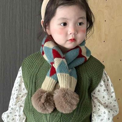 秋冬儿童围巾复古菱形格毛