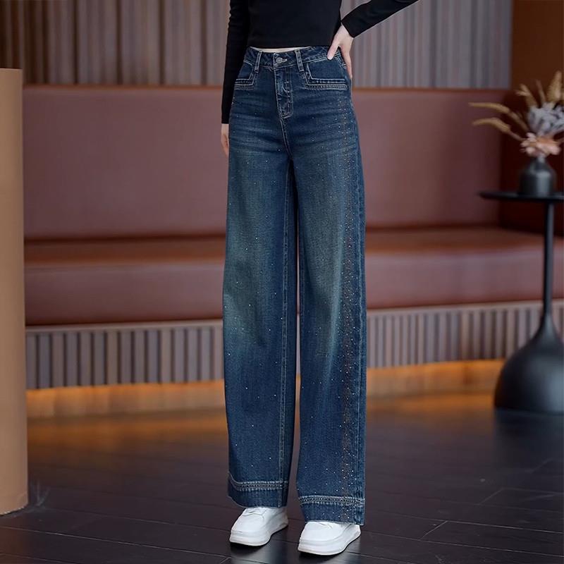 推荐烫钻满天星复古设计感牛仔阔腿裤女春秋爆款高腰显瘦垂感直筒