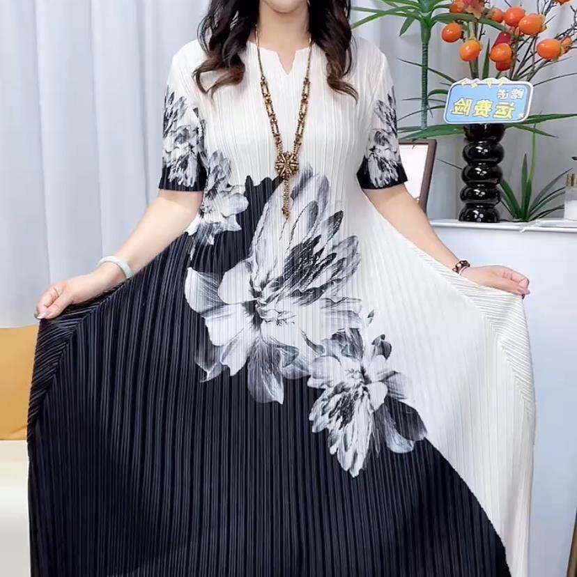 极速日常通勤短袖裙子撞色牡丹花中长款圆领褶皱连衣裙时尚减龄妈