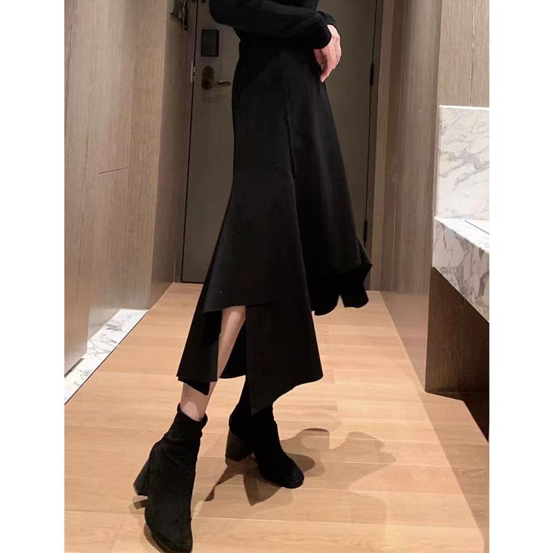 极速不规则毛呢半身裙女2026秋冬新款中长款高腰黑色a字鱼尾裙爆