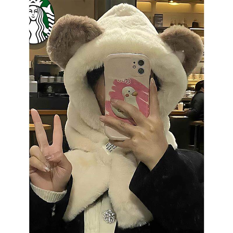 虞书欣同款保暖护耳帽子围巾一体两件套冬季加厚雷锋帽女秋冬围脖