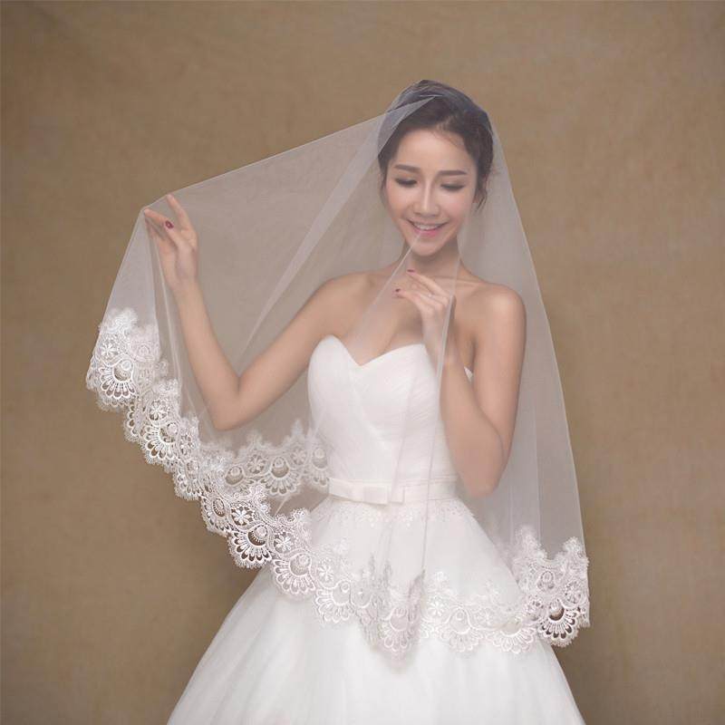 新品新款新娘韩式水溶蕾丝花边短款加长3米拖尾软头纱婚纱配件包