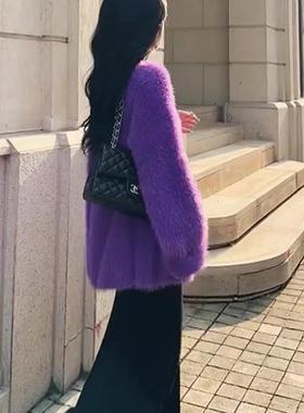新品慵懒高级感葡萄紫色水貂绒毛衣女秋冬韩系套头马海毛针织上衣