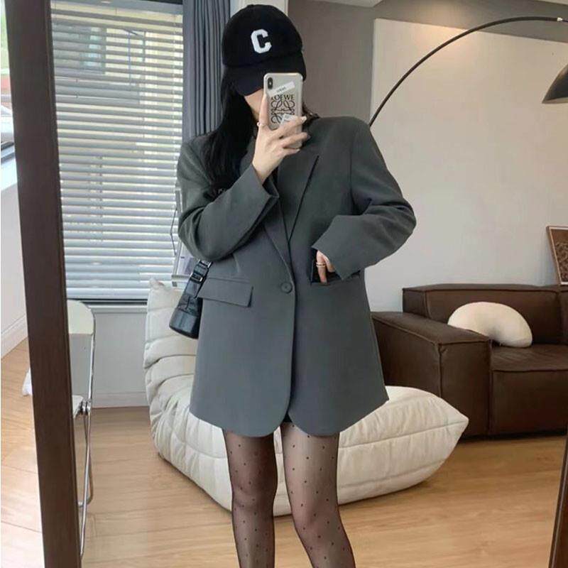 推荐灰色春秋西装外套女小众设计感网红炸街潮流宽松休闲显瘦小西