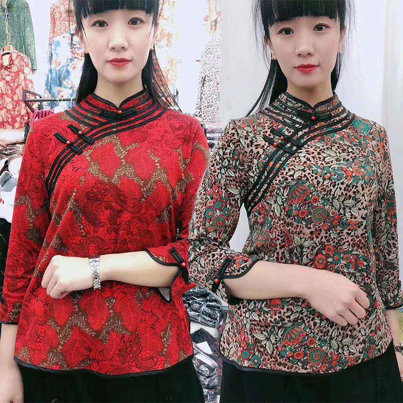 极速秋冬季改良款女士旗袍体恤精致偏襟设计复古印花修身显瘦七分