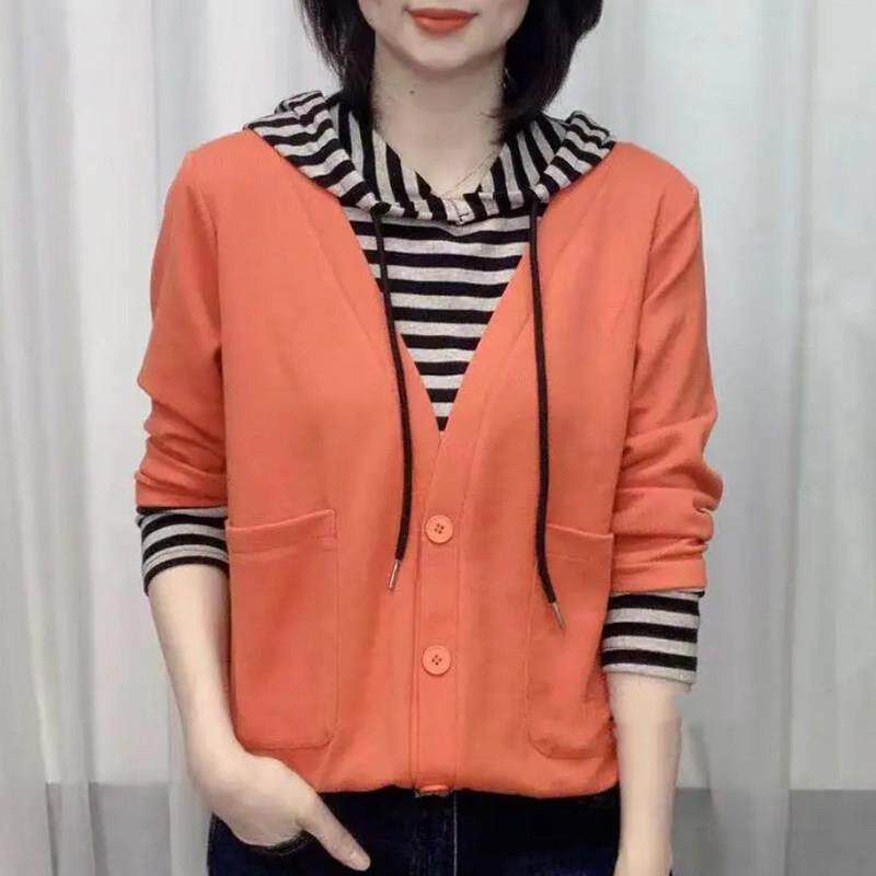 极速连帽卫衣女薄款春秋新款假两件拼接小衫上衣时尚洋气条纹长袖