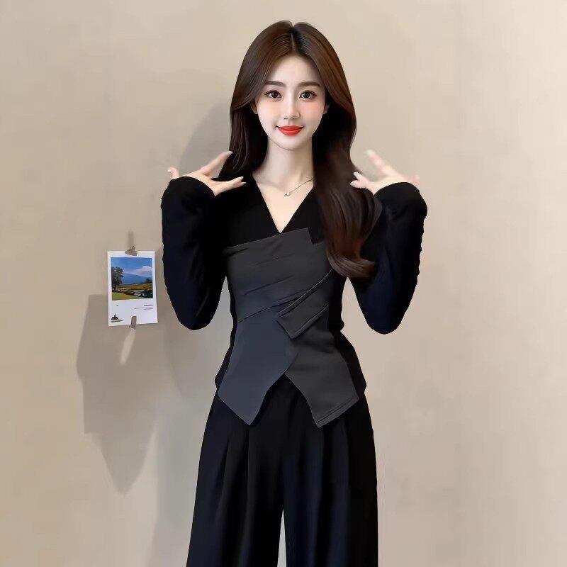 极速大码女装假两件v领修身长袖T恤2026秋季胖mm不规则显瘦打底衫