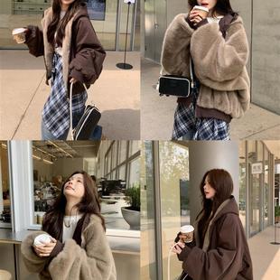 环保皮草两面穿仿水貂绒秋冬宽松加厚夹克棉服毛毛外套派克服女