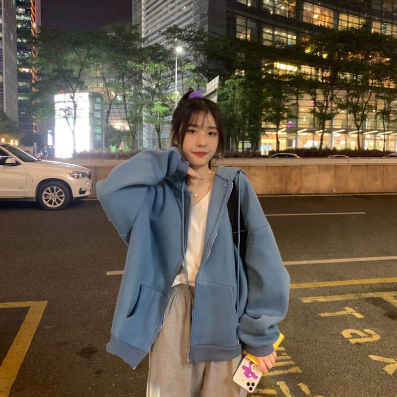 极速2026春秋新款长袖连帽卫衣女冬季加绒加厚韩系慵懒风开衫拉链