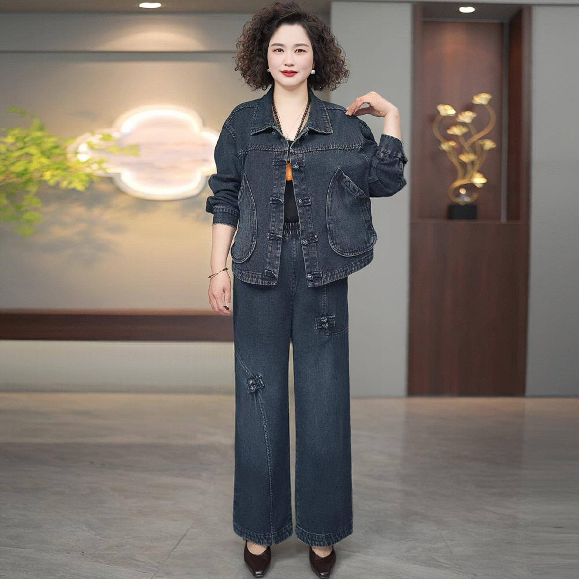 极速中老年女装妈妈春装套装端庄大气时尚宽松大码休闲显瘦牛仔两