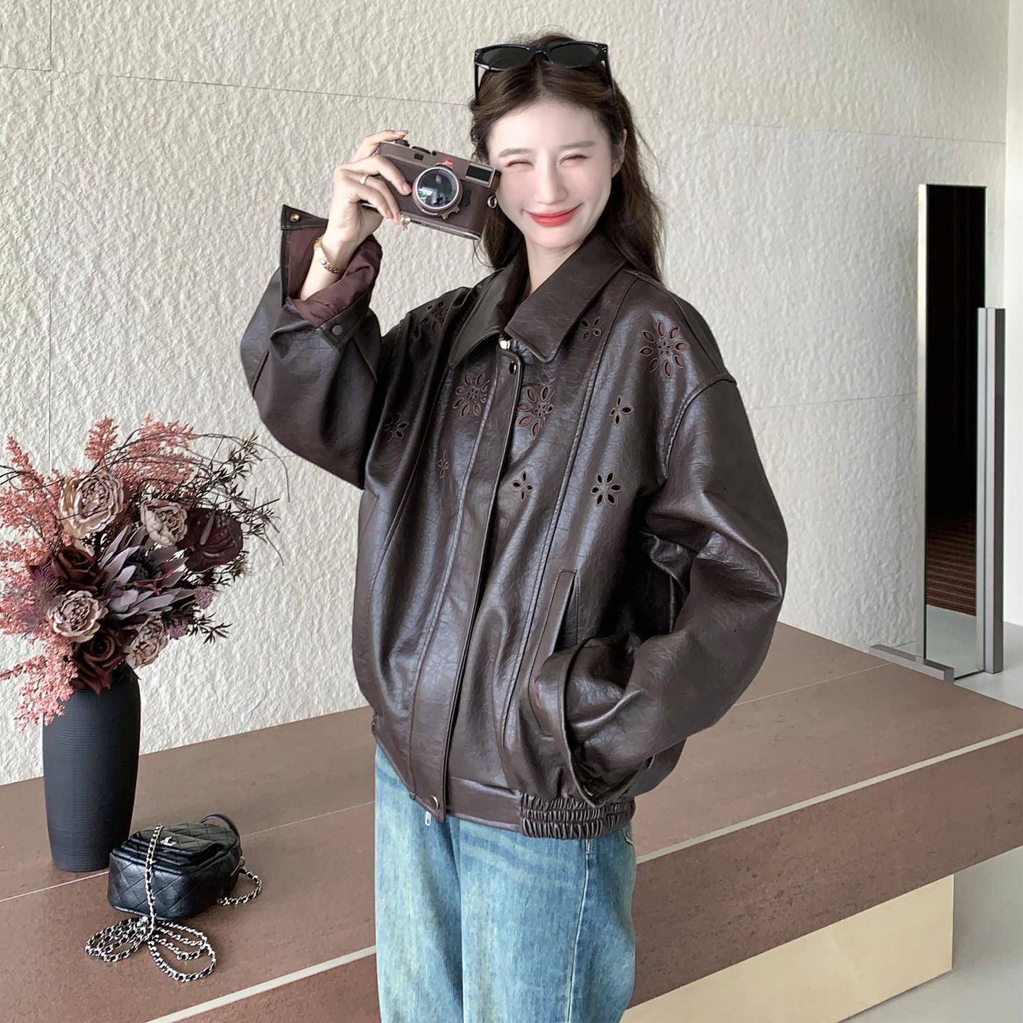 极速咖色设计感花朵镂空复古pu皮衣夹克女秋新款小个子休闲气质短