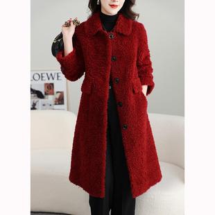 秋冬新款红色颗粒羊剪绒外套女中长款羊毛羔皮草大衣皮毛一体年轻