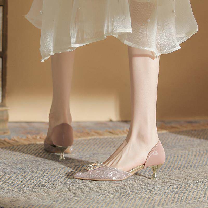 推荐香槟色婚鞋女3cm低跟新娘鞋浅口法式尖头高跟鞋一字扣带细跟